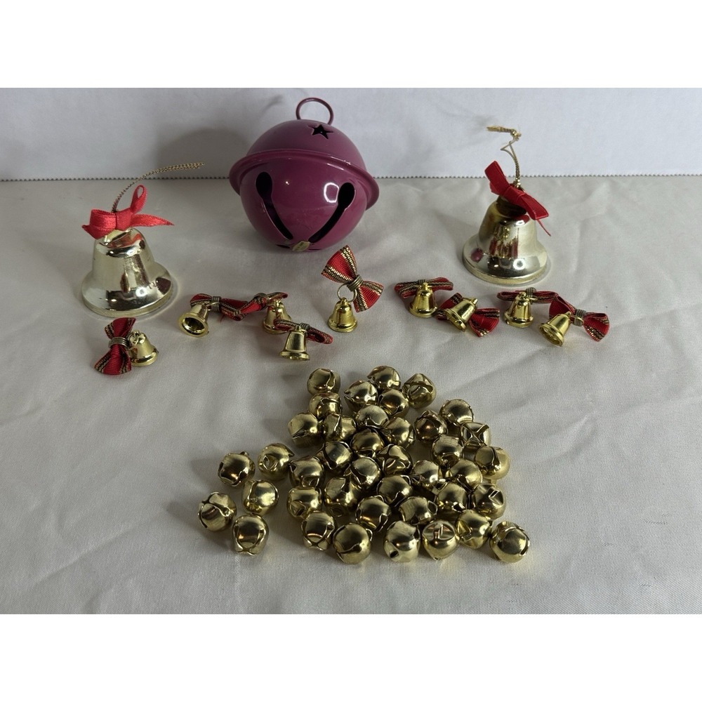 Vintage Christmas Bell Lot Jingle‎ Ornaments Gold Red Bow Taiwan Craft Decor